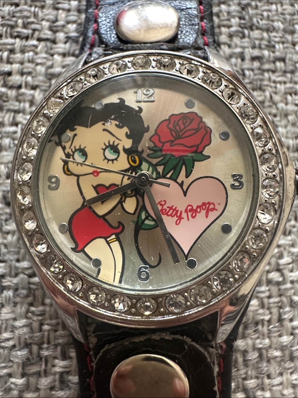 Betty Boop Silver Tone Crystal Bezel Watch with Pink Heart & Red Rose Dial